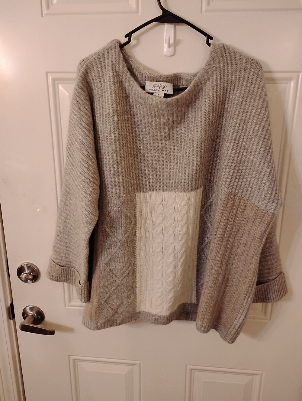 Neutral Patchwork Crewneck Sweater - Taupe & Cream